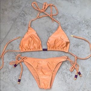 ViX by Paula Hermanny Orange Halter Bikini Top & Bottom Set Gold Accents Medium
